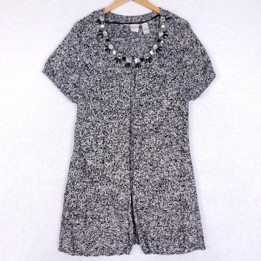 Emma James Embellished Sweater‎ Tunic Short Sleeve Marled Black White Open Large